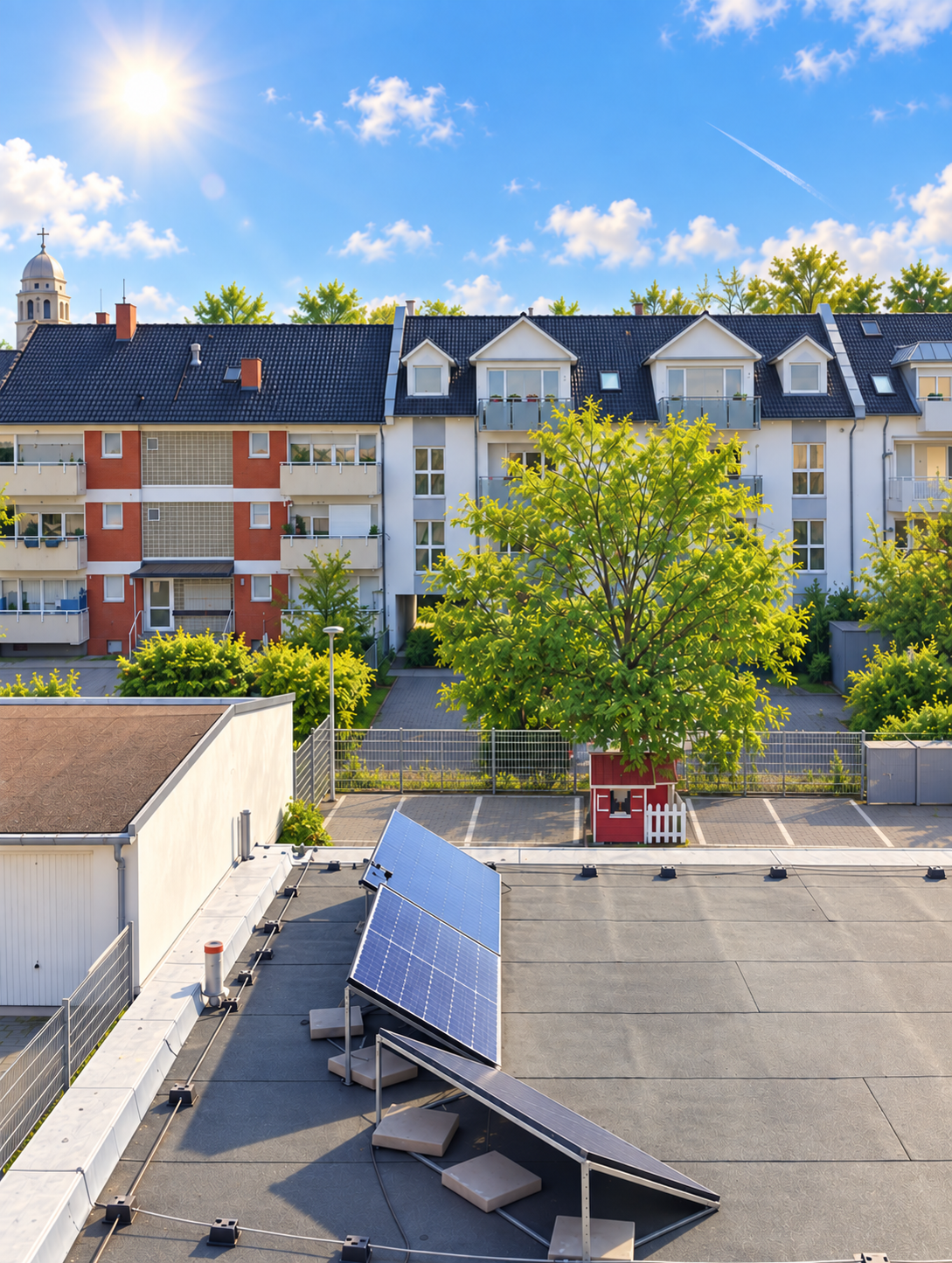 Stilisierte Darstellung des Flachdachs mit drei Solarmodulen